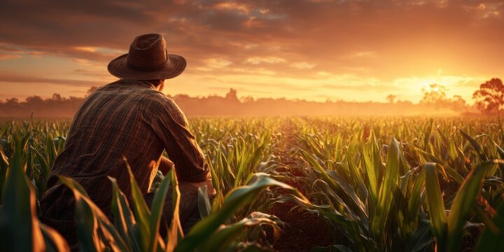 A farmer looks out over a field of tall crops at dawn, bathed in warm golden light