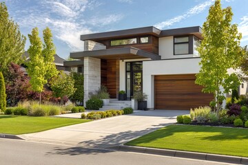 Fototapeta premium The image shows a modern house with a sleek design and large windows surrounded by green grass and trees in a suburban area. The sky is clear and blue