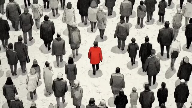 Solitary figure in red coat among monochrome crowd