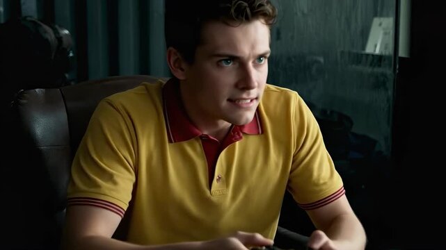 A young man is sitting in a chair and playing video games. He is wearing a yellow polo shirt with red trim.