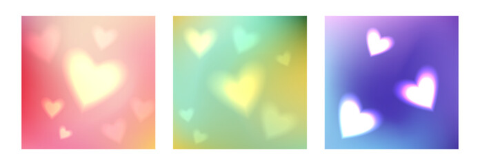 Abstract square background collection. Beautiful glowing hearts with a bokeh effect, soft blur shapes on a gradient backdrop.