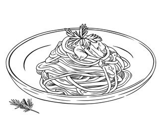 Pasta on plate with sauce and herbs. Spaghetti sketch line art vector illustration