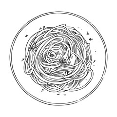 Pasta on plate with sauce and herbs. Spaghetti sketch line art vector illustration