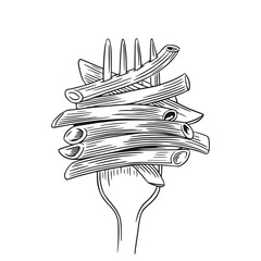 Fork with Penne pasta. Hand drawn sketch line art vector illustration