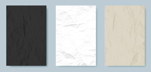 Paper sheets set with halftone dot texture. Black, white and beige crumpled empty sheet