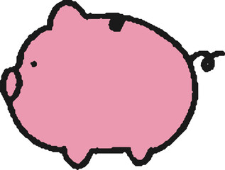 横から見たブタの貯金箱の手描きイラスト
