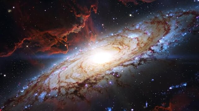 Spectacular spiral with bright core, cosmic dust, and vibrant nebulae in deep space.