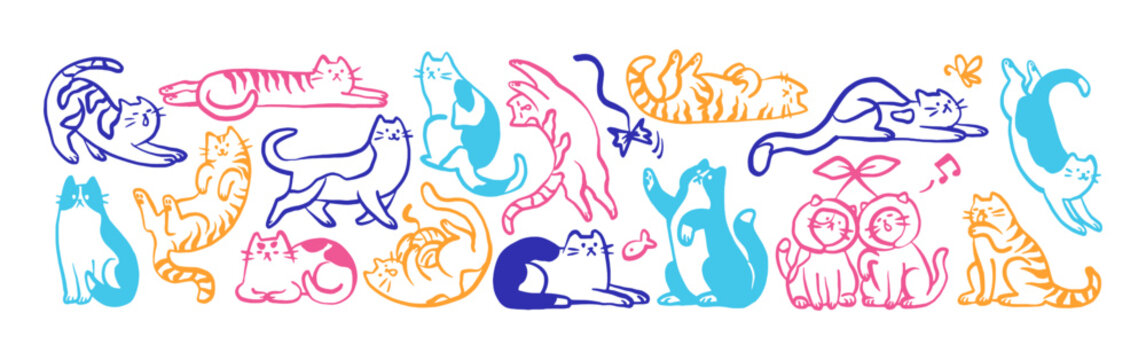 Doodle set of cute cats in different comic poses. Funny kitties play, sit, sleep, stretch and meow. Naughty animals have fun. Colourful kittens. Flat isolated outline vector illustrations on white