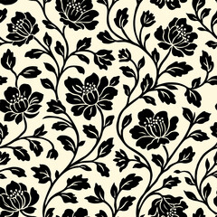 Seamless black and white floral pattern with elegant blooming flowers and flowing leaves vintage botanical design for wallpaper textile fabric.
