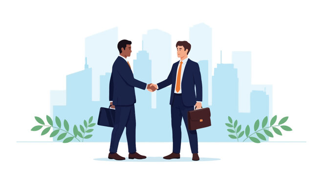 Two professionals in suits shake hands in front of a modern city skyline, signaling agreement and partnership. Each carries a briefcase, surrounded by greenery, symbolizing collaboration and growth