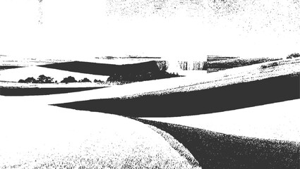 Obraz premium Black and white textured landscape with rolling hills and distant trees
