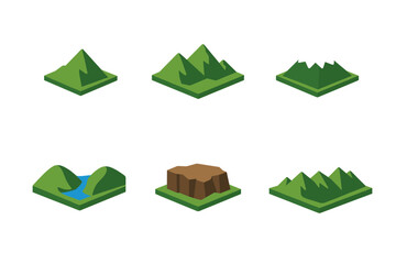 Obraz premium Isometric low-poly terrain icons set featuring mountain peak, snowy summit, hills with river, rocky plateau, and jagged forest ridge tiles