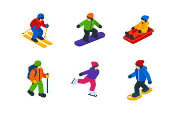 Fototapeta premium Isometric winter sports icons featuring skiing, snowboarding, sledding, hiking, ice skating, and snowshoeing in colorful outdoor attire