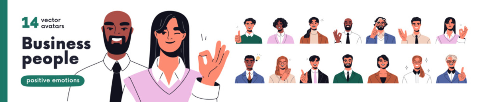 Happy business people avatars set. Smiling office workers with friendly face expressions. Head portraits of cheerful male and female employees. Flat vector illustration isolated on white background