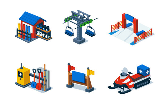 Isometric winter sports equipment set featuring ski tools rack, gondola lift, snowboarding gate, rescue sled, maintenance station, and obstacle jump