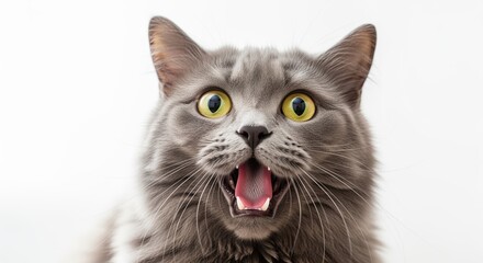 Fototapeta premium A gray cat with yellow eyes looks at the camera with an open mouth in a playful expression. Perfect for pet projects, greeting cards, social media, and humorous animal content.