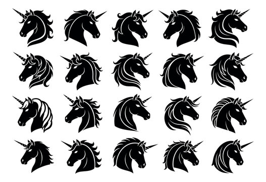Silhouette unicorn head set featuring various mythical horse head designs for fantasy, magic, or branding projects