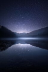 Fototapeta premium Still lake reflecting a star-filled night sky, subtle moonlight glow, soft fog hovering above the water, dreamlike silence, cinematic wide shot, ultra-detailed fine art