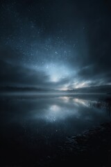 Still lake reflecting a star-filled night sky, subtle moonlight glow, soft fog hovering above the water, dreamlike silence, cinematic wide shot, ultra-detailed fine art