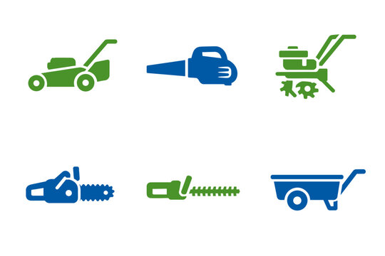 Set of garden and landscaping equipment icons featuring lawn mower, leaf blower, hedge trimmer, chainsaw, grass trimmer, and wheelbarrow