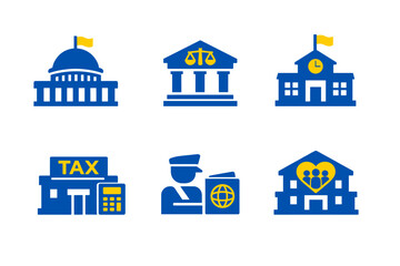 Fototapeta premium Set of government and civic institution icons showing capitol building, courthouse, city hall, tax office, passport control, and community center