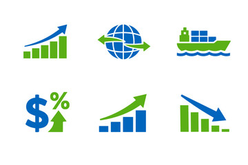 Fototapeta premium Set of six blue and green business finance icons showing growth charts, global exchange, cargo shipping, currency, and declining performance statistics