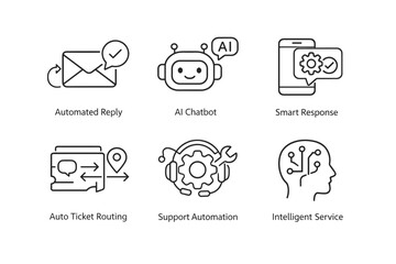 Fototapeta premium Minimal line icons illustrating AI customer support features including automated reply, chatbot, smart response, ticket routing, automation, and intelligent service