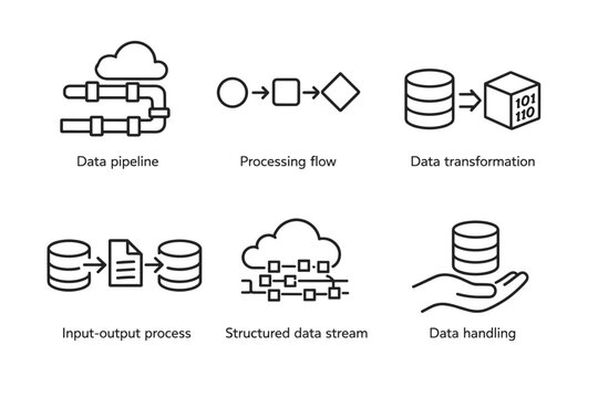 Minimal black line icons illustrating data pipeline, processing flow, transformation, input-output process, structured data stream, and data handling concepts