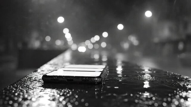 Rainy Night Smartphone on Wet Surface with City Lights Bokeh Abstract Black and White Video
