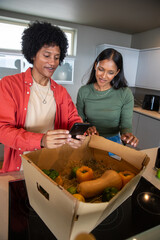 African american and indian couple unpacking produce box at kitchen island, examining smartphone © wavebreak3