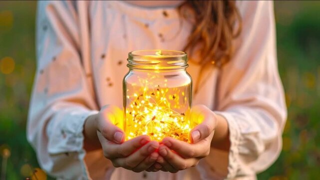 Cupped hands hold a magical glowing jar of fairy lights outdoors
