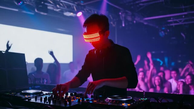 Enthusiastic Dj Mixing Music with Illuminated Visor in a Crowded Dance Club Amidst Blue and Purple Lights and Energetic Atmosphere