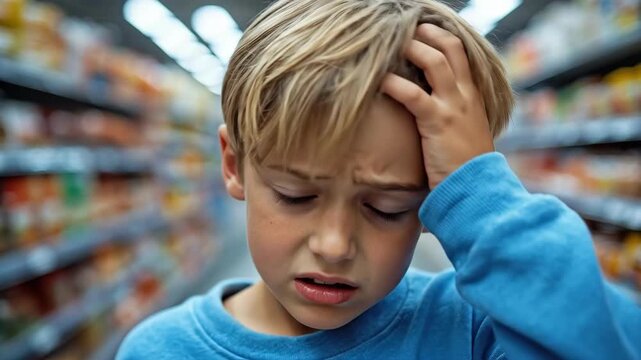 Caucasian child confused in grocery store aisle with puzzled expression