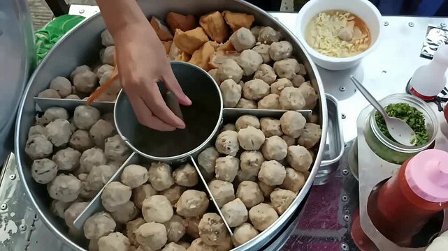 Traditional Indonesian Bakso steamer pot filled with beef meatballs, fried tofu, and broth. Authentic Asian street food vendor preparing a bowl for customers.