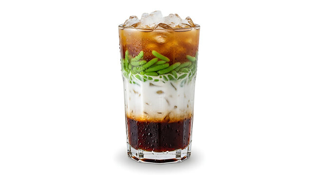 Es cendol in clear glass showing layers clearly, side view with condensation detail, isolated on white background