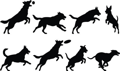 Dog, silhouettes, running, jumping, playing, vector, icons, black, pets, animals, isolated, white, background, collection, set, illustration, dynamic, canine, graphic, designDog, silhouettes © Hello World
