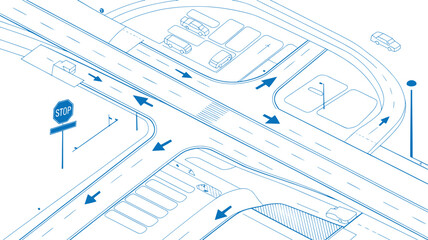 Isometric blueprint displays an elevated view of a controlled road interchange with directional arrows, pedestrian crossing, and surrounding parking areas.