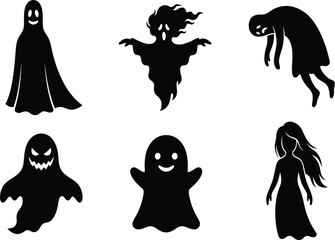 Ghost silhouettes, spooky spirits, halloween monsters, black vector icons, cute and scary, isolated, illustration, collection, set, graphic, design, transparent, backgroundGhost silhouettes