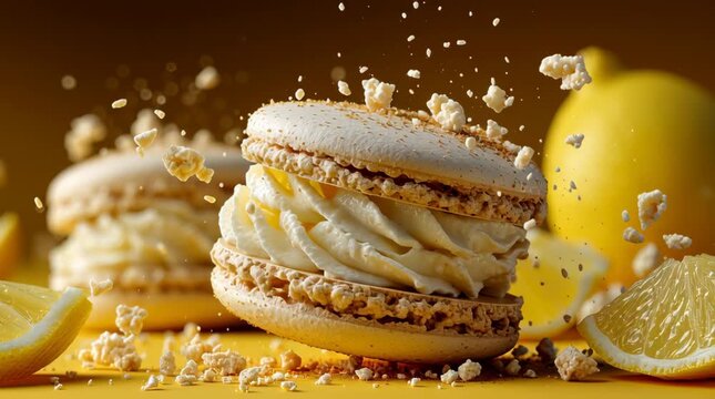 A highly detailed commercial food photograph featuring vibrant lemon macarons floating in the air, surrounded by exploding macaron crumbs and lemon slices.