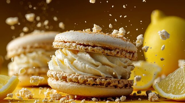 A highly detailed commercial food photograph featuring vibrant lemon macarons floating in the air, surrounded by exploding macaron crumbs and lemon slices.