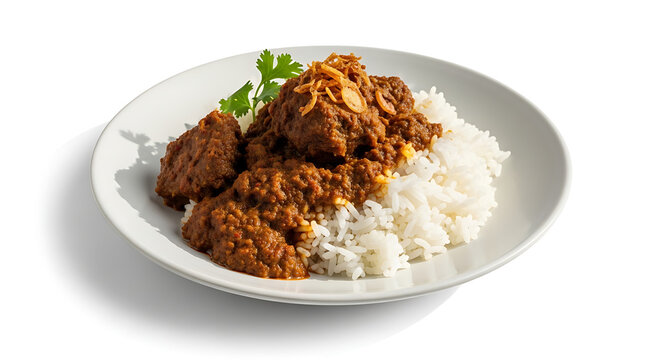Indonesian culinary dish, rice with rendang served on a plate, White background
