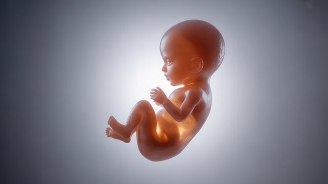 A translucent rendering of a human fetus floats suspended in a bright, ethereal light against a gray gradient background during prenatal development.