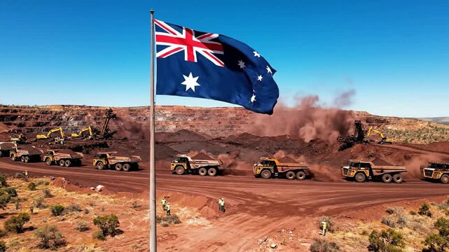 Mining trucks transporting ore in australian open pit mine with union jack flag superimposed