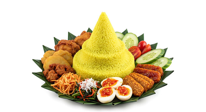 Traditional Indonesian rice cone (tumpeng mini) with side dishes arranged symmetrically, top-down studio shot, isolated on white