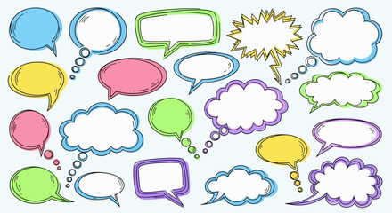 Fototapeta premium Whimsical speech and thought bubbles, hand-drawn in vibrant colors, floating on a serene