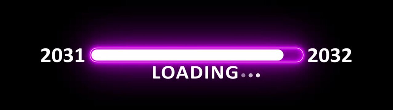 New year 2032 loading bar animation year changing from 2031 to 2032. New year 2032 loading bar animation transition from 2031 on black background. Almost reaching new year.