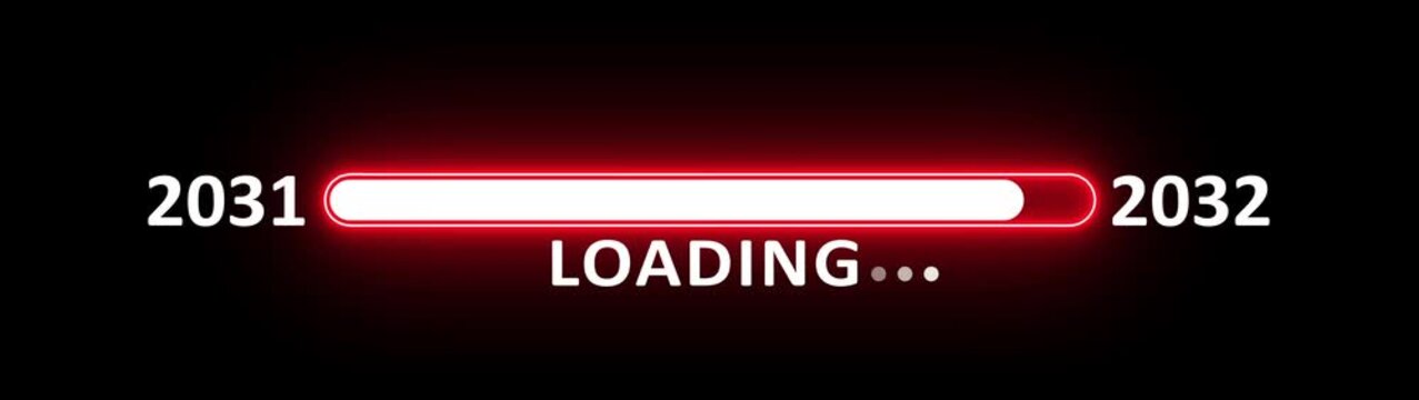 New year 2032 loading bar animation year changing from 2031 to 2032. New year 2032 loading bar animation transition from 2031 on black background. Almost reaching new year.