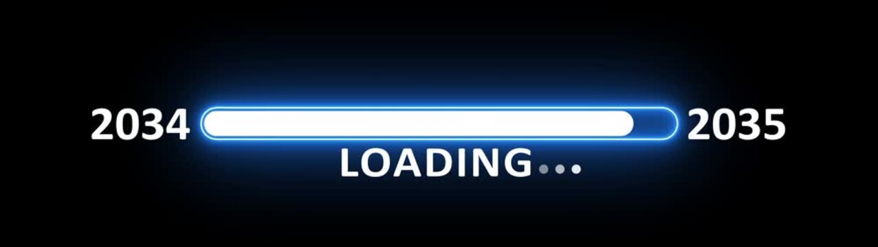 New year 2035 loading bar animation year changing from 2034 to 2035. New year 2035 loading bar animation transition from 2034 on black background. Almost reaching new year.