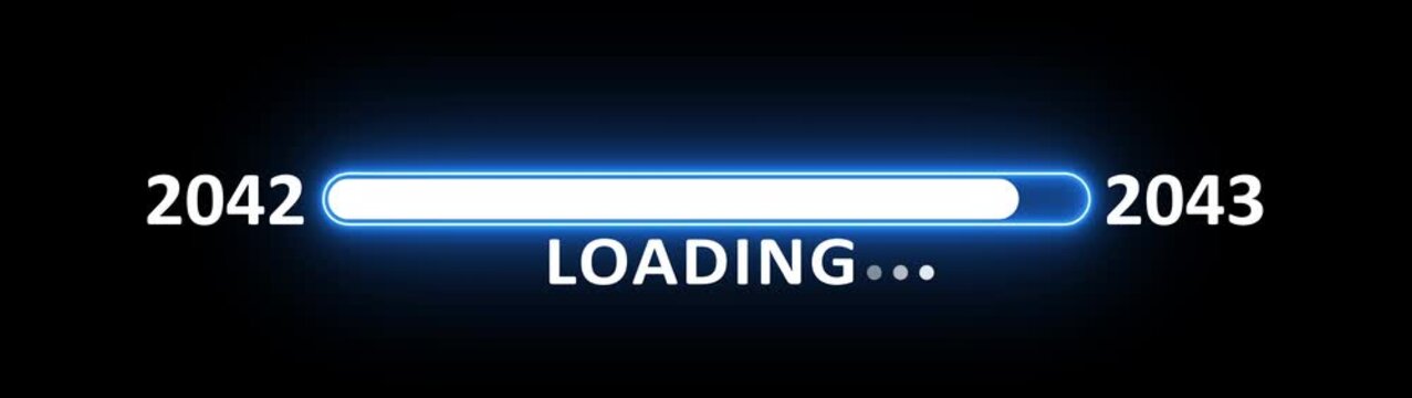 New year 2043 loading bar animation year changing from 2042 to 2043. New year 2043 loading bar animation transition from 2042 on black background. Almost reaching new year.