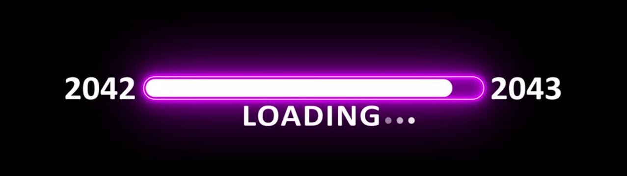 New year 2043 loading bar animation year changing from 2042 to 2043. New year 2043 loading bar animation transition from 2042 on black background. Almost reaching new year.